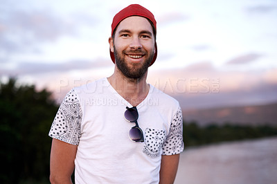Buy stock photo Man, smile and portrait on beach for travel, freedom and stress free on summer vacation. Person, happy and relax at ocean for holiday trip, weekend getaway and outdoor in Australia with sky space