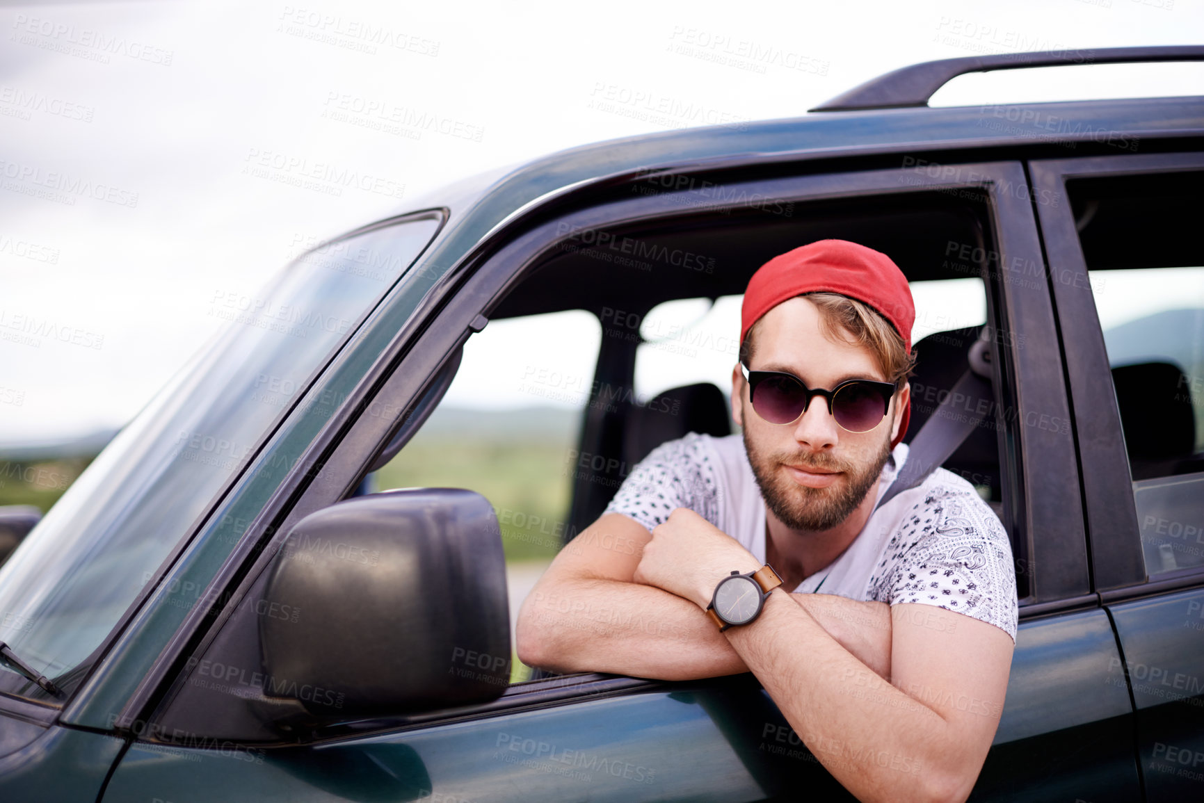 Buy stock photo Man, car and portrait in nature for road trip, adventure and travel break in countryside. Driver, vehicle and sunglasses on farmland for journey, vacation trip or outdoor for sightseeing in Australia
