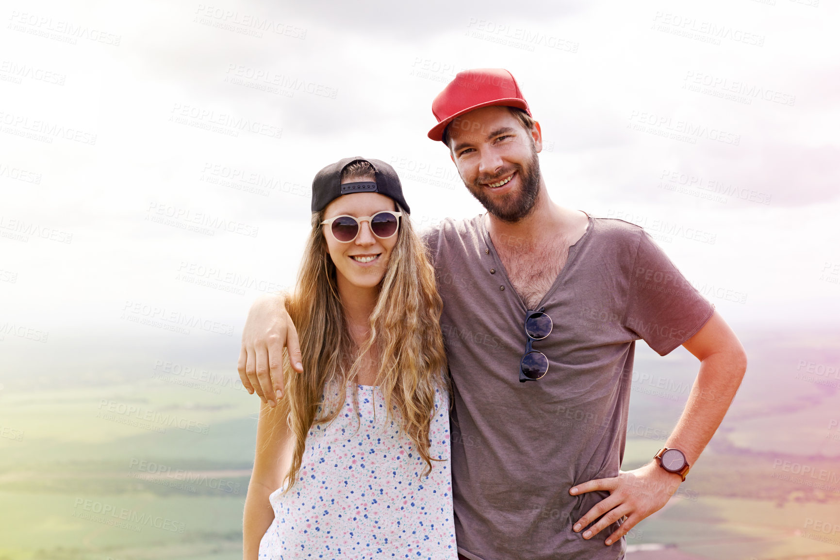 Buy stock photo Travel, couple and mountain portrait outdoor for trekking adventure, hiking break and fun holiday weekend. People, space and bonding together in countryside for sightseeing, exploration and wellness