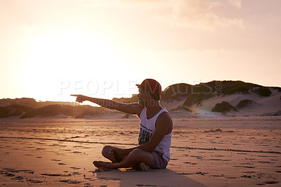 Buy stock photo Beach, pointing and man with vacation, travel and calm with hand gesture, holiday and weekend break. Person, outdoor and seaside with guy, tropical island and relax with comfort, peaceful and Miami