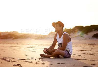 Buy stock photo Man, happy and relax on beach for travel, summer vacation and stress free at sunset. Person, smile or chill at Australia ocean with fun memories, self reflection or excited for holiday with sky space