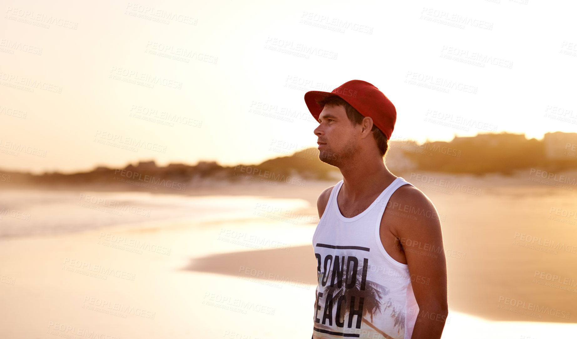 Buy stock photo Man, relax or thinking at ocean with peace, stress free or calm on summer vacation. Person, reflection or travel to beach with break, mindfulness or wellness for mental health with space in Australia