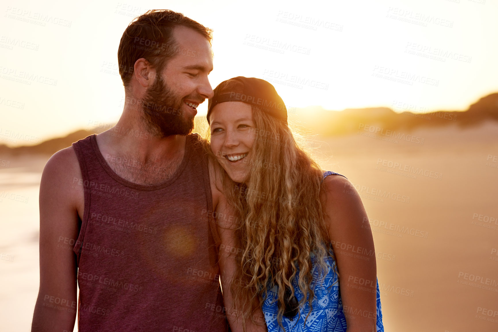 Buy stock photo Walking, beach and couple with love, vacation and bonding together with tropical island. Outdoor, seaside and man with woman, summer holiday or nature with relationship, travel or honeymoon in Miami