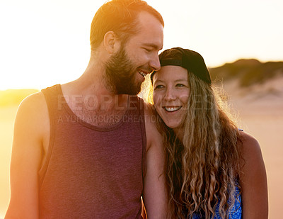 Buy stock photo Walking, beach and couple with love, travel and bonding together with relationship. Outdoor, seaside and man with woman, summer holiday or nature with marriage, vacation and tropical island for break