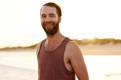 Buy stock photo Travel, smile and man in portrait by beach for weekend vacation, holiday adventure or getaway trip. Space, person and relax at seaside for fresh air, break or tourist on tropical island for exploring