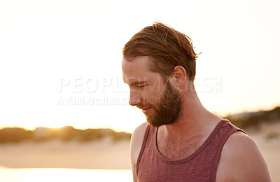 Buy stock photo Man, relax or thinking at beach with peace, stress free or calm on summer vacation. Person, reflection or travel to ocean with break, mindfulness or wellness for mental health with space in Australia
