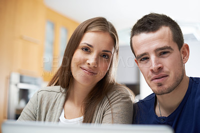 Buy stock photo Couple, portrait and laptop in home to relax for movies, streaming online or support on couch in living room. Face, internet subscription and proud people with technology on digital website together