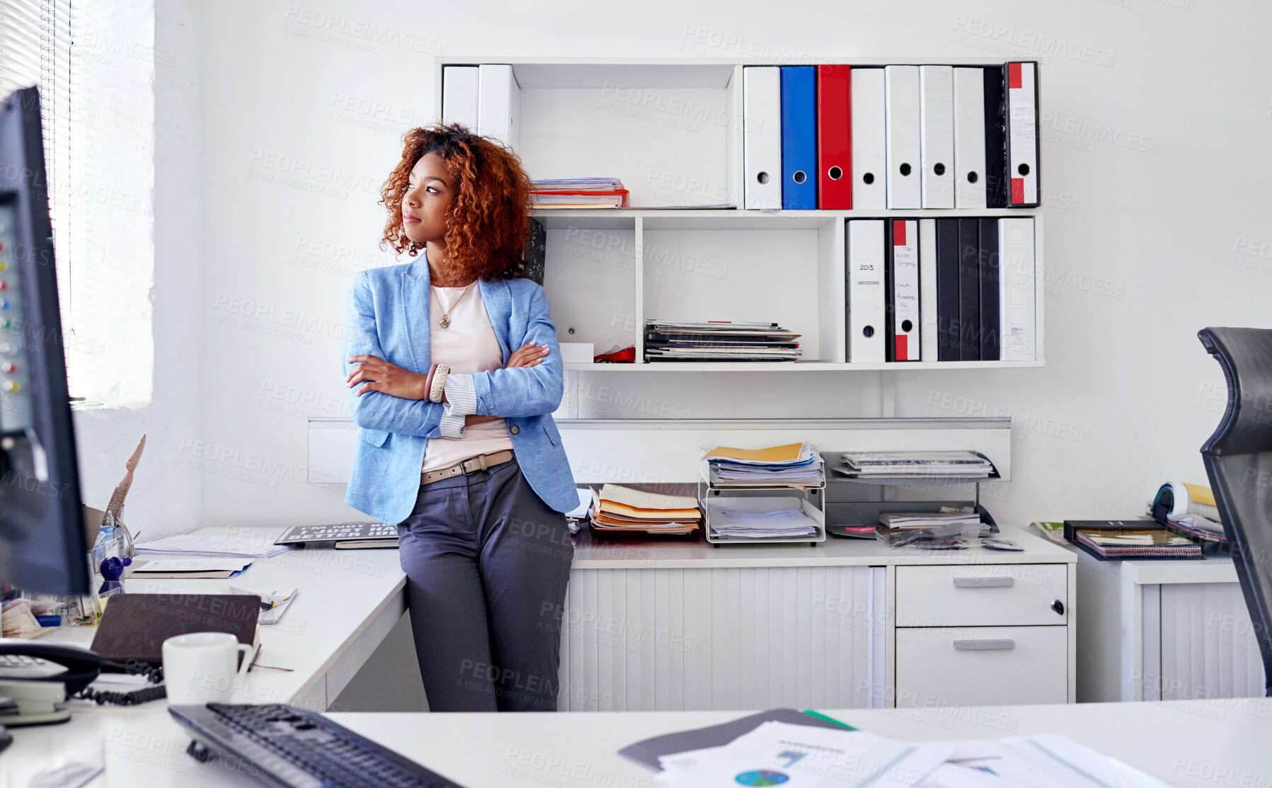 Buy stock photo Business woman, thinking and window at office, reflection or arms crossed on break at financial agency. Person, perspective and decision with insight, stats or documents for administration at company