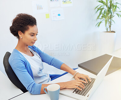 Buy stock photo Business, architecture and woman with laptop, typing or creativity with proposal review, email or internet. Person, employee or consultant in office, renovation project or computer with online design