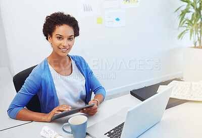 Buy stock photo Architect portrait, laptop and woman with tablet for digital blueprint, building design layout and planning. Architecture, african person and smile with tech in office for renovation project strategy