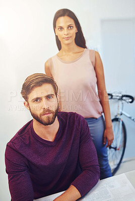 Buy stock photo Architect, man and woman with blueprint at office with documents, pride and sustainable property development. People, partnership and floor plan with creativity, portrait and real estate in Spain