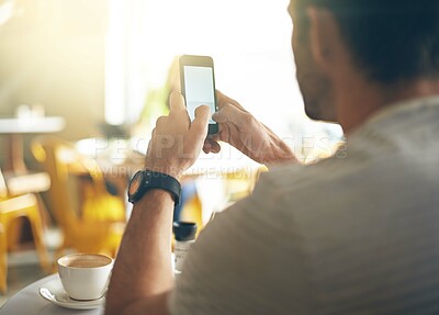 Buy stock photo Man, hands and typing with phone at coffee shop in social media, communication or networking at cafe. Closeup of male person on mobile smartphone for online chatting, texting or message at restaurant