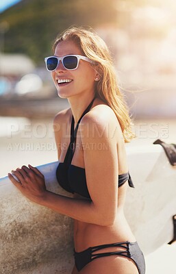 Buy stock photo Happy, woman and body with surfboard in beach for sport, training and hobby on holiday in Los Angeles. Female person, bikini and smile with sunglasses on summer vacation for fun, enjoy and relax