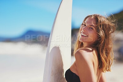 Buy stock photo Woman, surfboard and smile at beach for portrait, summer and vacation with fitness by waves. Person, surfer and happy by ocean in swimwear for water sports, holiday or sunshine on adventure in Brazil