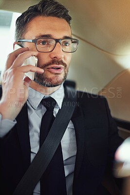 Buy stock photo Business man, phone call and travel in car with conversation, networking or deal for company. Person, vehicle and smartphone on ride, transportation and commute with chat in negotiation for agreement