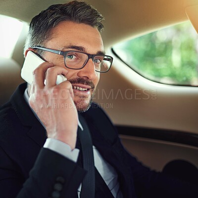 Buy stock photo Mature businessman, portrait and phone call talking in car for work commute, discussion and contact chat. Senior guy, ceo and mobile conversation in motor for directions, travel information and smile