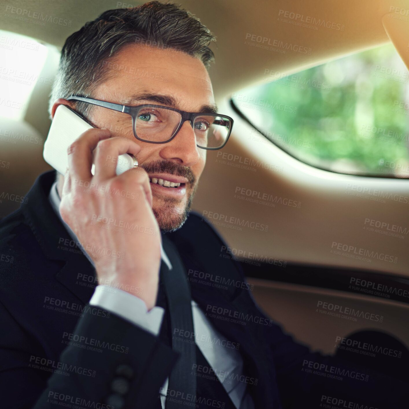 Buy stock photo Mature businessman, portrait and phone call talking in car for work commute, discussion and contact chat. Senior guy, ceo and mobile conversation in motor for directions, travel information and smile