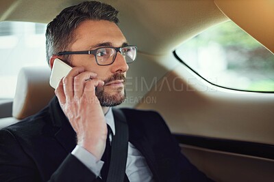 Buy stock photo Business man, phone call and listen in car with thinking, networking and decision for company. Person, vehicle and smartphone on ride, travel and commute with choice in negotiation for agreement