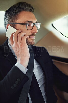 Buy stock photo Business man, phone call and backseat in car with conversation, networking or deal for company. Person, vehicle and smartphone on ride, transportation or listen to contact for thinking in negotiation