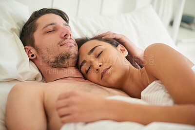Buy stock photo Couple, sleeping and together in bed for hug, romance and love in bedroom. Man, woman and relaxed at home for cuddle, security and rest in living space for comfort and bonding in marriage or relation