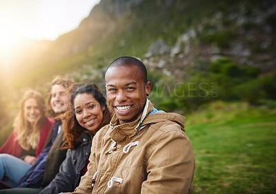 Buy stock photo Portrait, outdoor and group of friends, mountain and smile in nature, hangout and hiking in environment. Vacation, adventure and reunion for happy people, bonding and together for tourism and holiday