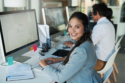 Buy stock photo Portrait of a happy and confident young woman working in a call center