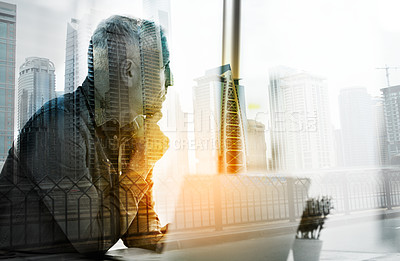 Buy stock photo Businessman, city overlay and laptop for planning, internet research and social networking. Stock exchange, thinking and double exposure of person with digital tech, online trading and connection