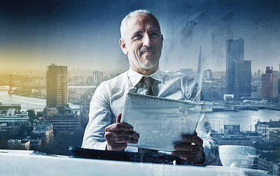 Buy stock photo Businessman, city overlay and tablet for planning, internet research and social networking. Stock exchange, professional and double exposure of person with digital tech, online trading and connection