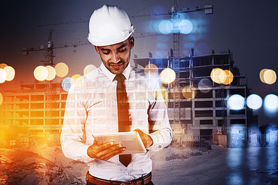 Buy stock photo Contractor, worksite overlay and tablet for planning, city management and urban development. Architect, collaboration and double exposure of man with internet research and industrial innovation