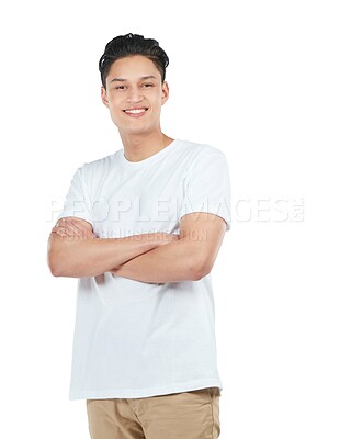 Buy stock photo Arms crossed, happy man and portrait of a Asian person happy with a smile isolated in a studio. White background, male and model smiling with happiness with mock up space and positivity alone