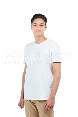 Buy stock photo Confident, stylish and portrait of a handsome Asian man isolated on a white background in studio. Confidence, attractive and Japanese model in casual clothing for fashion on a studio background