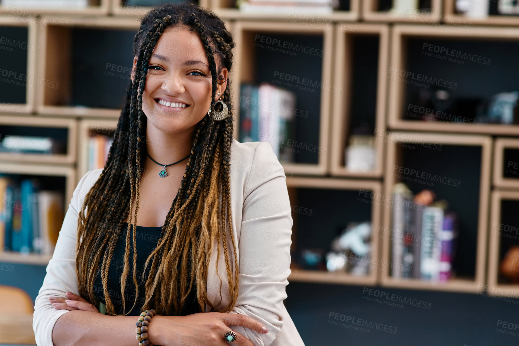 Buy stock photo Portrait, happy and woman with arms crossed, office and creative for self publishing in home and writer. Smile, bookshelf and entrepreneur with career growth, author and proud of business in Brazil