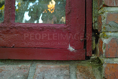 Buy stock photo Architecture, frame and closeup of window on building for exterior, brick wall and apartment. Wood, real estate and property with shutters on house for pattern, texture and antique background 