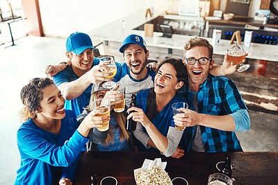 Buy stock photo Sports, celebration and friends in pub with beer for support of team, country and winning or success. Group of people or fans at bar or restaurant with wine, drinks and alcohol for cheers in baseball