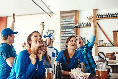 Buy stock photo Friends, cheer and watching tv at sport pub with game, goal and beer at restaurant with celebration. Fan group, smile and happy with esports, live broadcast and match together at bar with win
