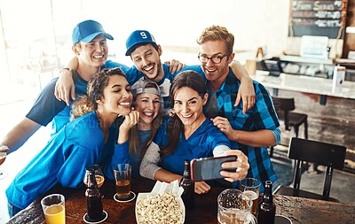 Buy stock photo Sports, celebration and group in pub with selfie for support of team or country and watch game. Friends, fans or people in profile picture with beer, drinks and alcohol for happy hour and baseball