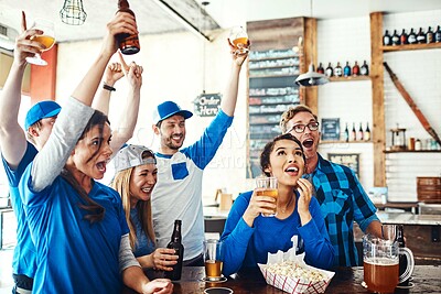 Buy stock photo Friends, celebration and watching tv at sport pub with game, goal and beer at restaurant with cheering. Fan group, smile and happy with esports, excited and match together at bar with team win