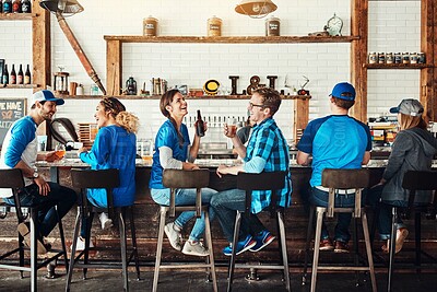 Buy stock photo Laughing, happy hour or people in sports pub with beer, popcorn or social celebration of competition together. Funny, game or group of friends in bar for party, alcohol or fans at diner for football