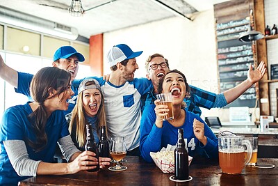 Buy stock photo Friends, excited people and watching tv at sport pub with game, goal and beer at restaurant with celebration. Fan group, smile and happy with esports, cheering and match together at bar with win