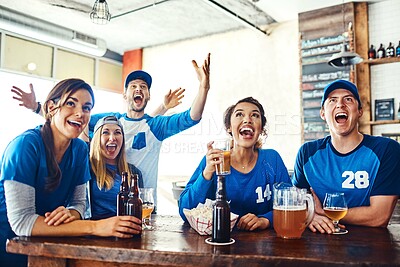 Buy stock photo Sports, wow or people in pub with beer, popcorn or social celebration of competition on tv show. Excited crowd, game or friends in bar for watch party, alcohol drinks or fans at diner for happy hour