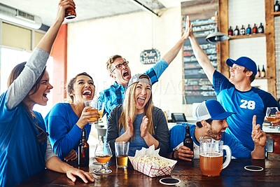 Buy stock photo Celebration, sports and people in pub with success, high five and cheers for football match, winning or team victory. Friends or fans in wow, clapping and shout for goal or news with drinks and beer