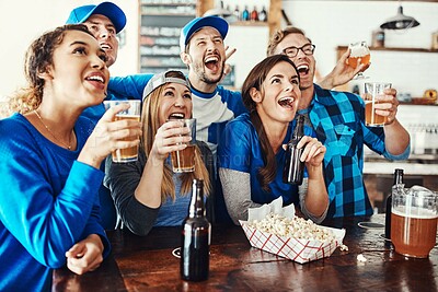 Buy stock photo Sports, fans and people in bar with solidarity, television and beer at broadcast of championship together. Baseball, games and group of excited friends in pub for watch party, drinks and team support
