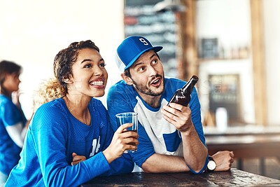 Buy stock photo Sports, television or couple in pub with alcohol, smile or social celebration of competition together. Relax, soccer game or people in bar for watch party, beer drinks or fans at diner for happy hour