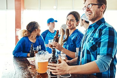 Buy stock photo Sports, laughing or people in pub with beer, support or social celebration of competition together. Tv, game or group of friends in bar for watch party, alcohol drinks or fans at diner for happy hour