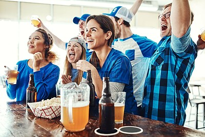 Buy stock photo Sports, celebration and people in pub with solidarity, television and fans with beer at broadcast of world cup. Baseball, games and group of excited friends in bar for watch party, drinks and support