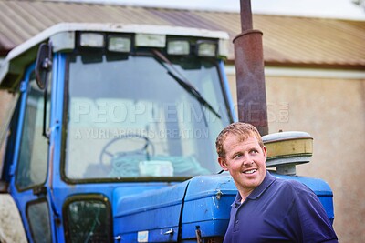 Buy stock photo Farming, thinking and man by tractor in nature outdoor for transportation, maintenance and mowing or planting. Male farmer, agricultural equipment and machine for irrigation, cultivation and plowing.