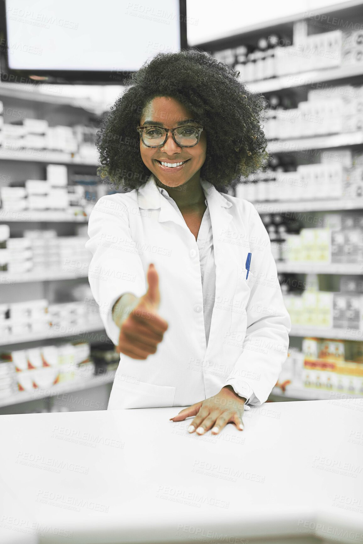 Buy stock photo Pharmacist, thumbs up and portrait of black woman with smile, yes or approval for healthcare in pharmacy. Female chemist, hand gesture or happy by counter for medicine, medicare or success in Nigeria