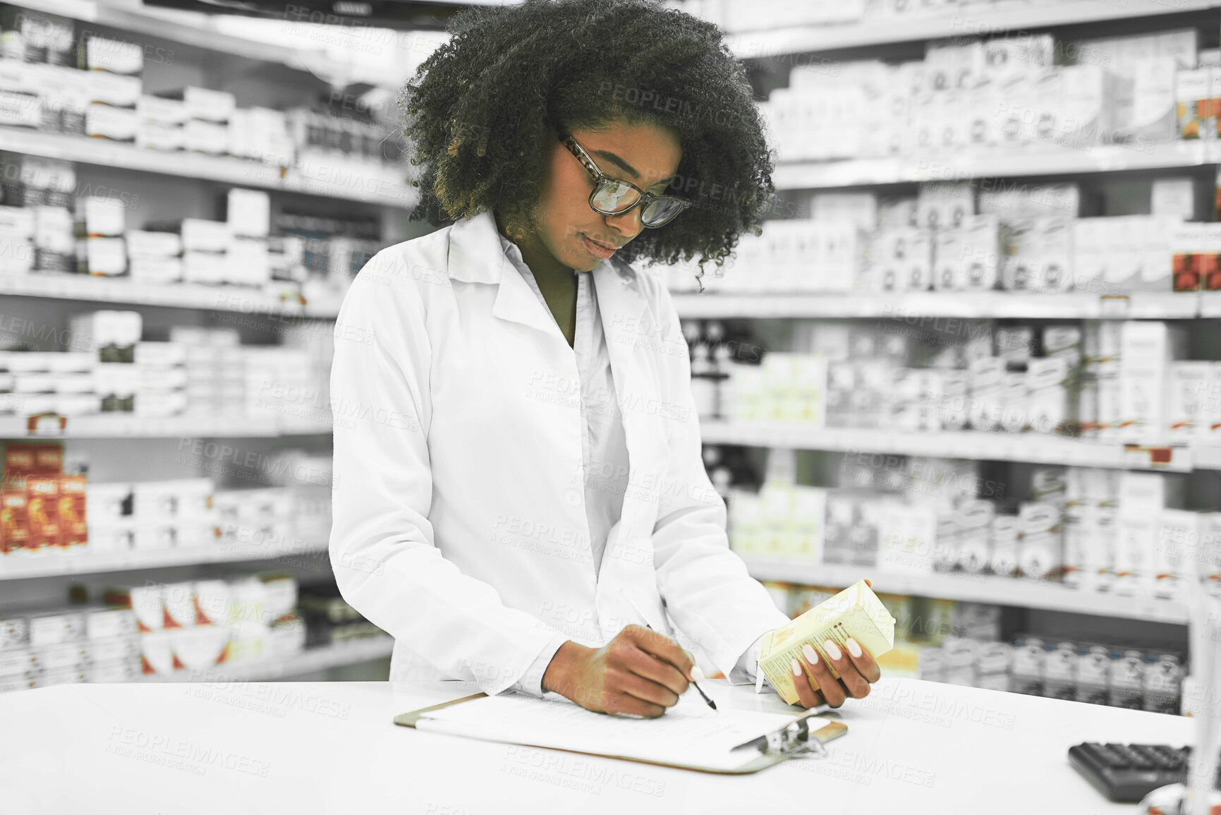 Buy stock photo Medicine, writing and woman at pharmacy with clipboard for pills, inspection or product inventory checklist. Stock, notes or pharmacist with healthcare documents for drugstore quality compliance 