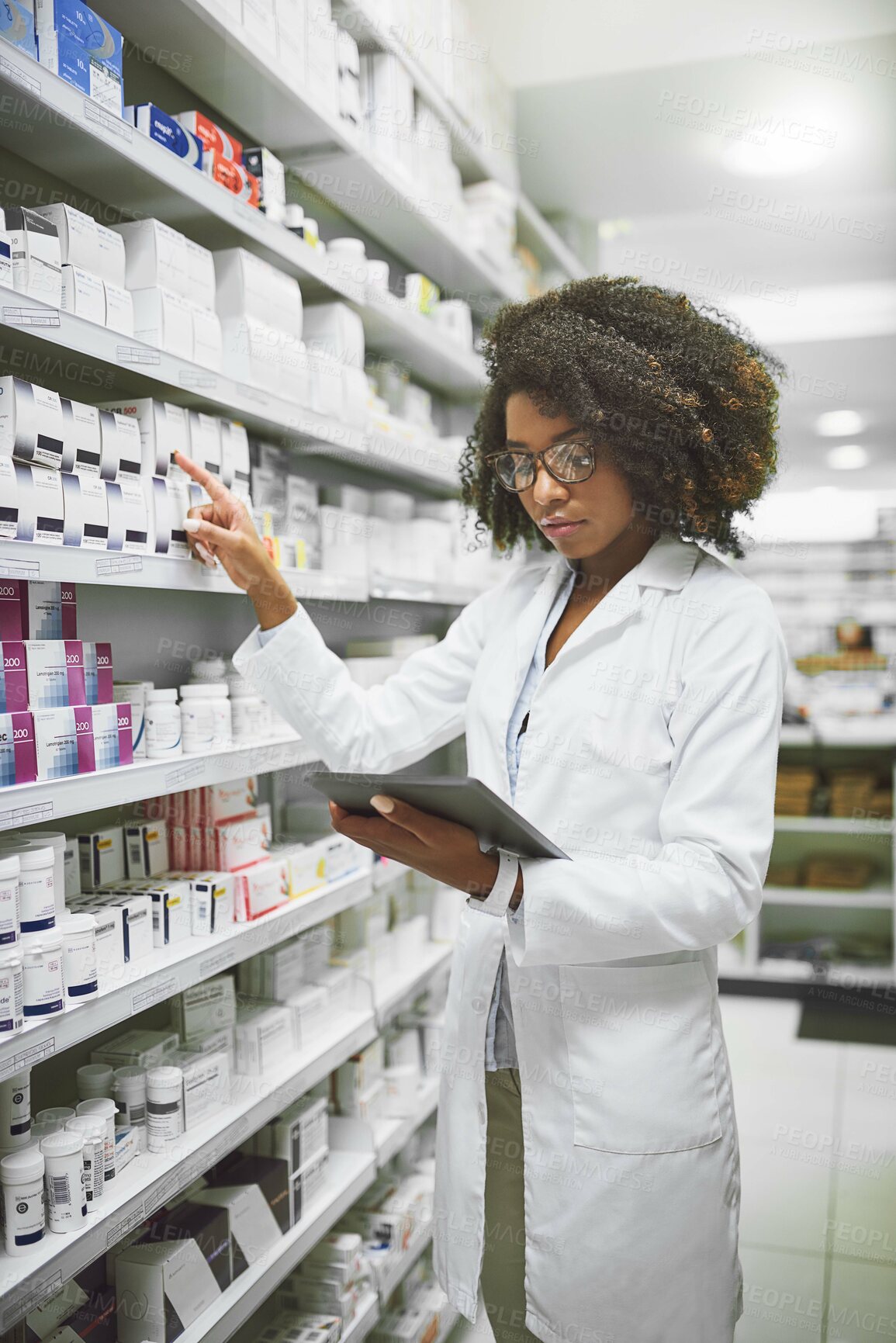 Buy stock photo Pills, shelf and woman with tablet in pharmacy for healthcare, checklist and inventory update. Medicine, inspection and pharmacist with tech for medical database, storage and information on stock