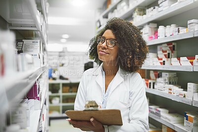 Buy stock photo Medicine, shelf and woman with clipboard in pharmacy for pharmaceutical, storage and information. Pills, inspection and pharmacist with checklist for healthcare, product and review of medical stock